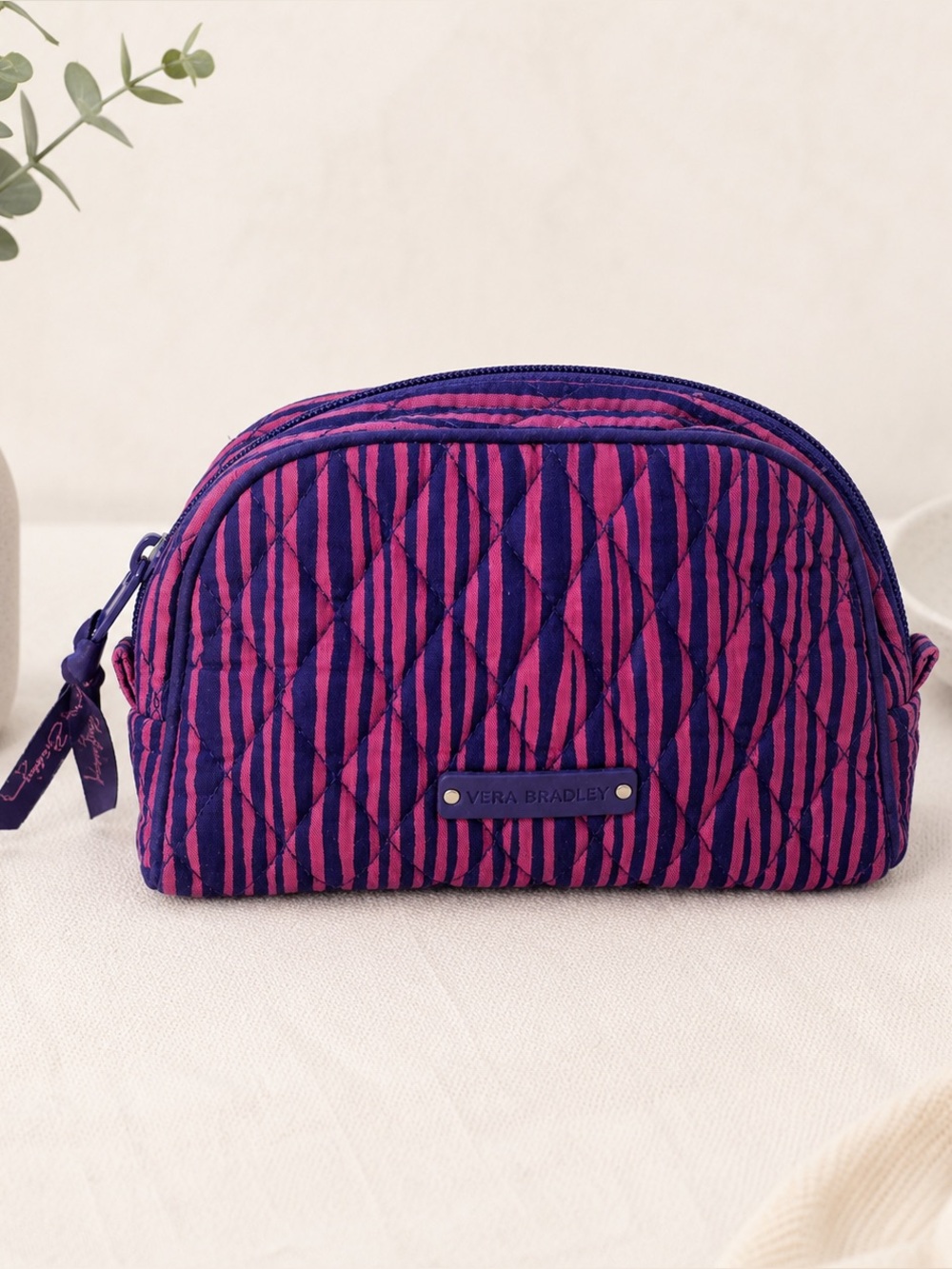 Vera Bradley Quilted Cosmetic Bag Purple Pink Striped Travel Makeup Pouch